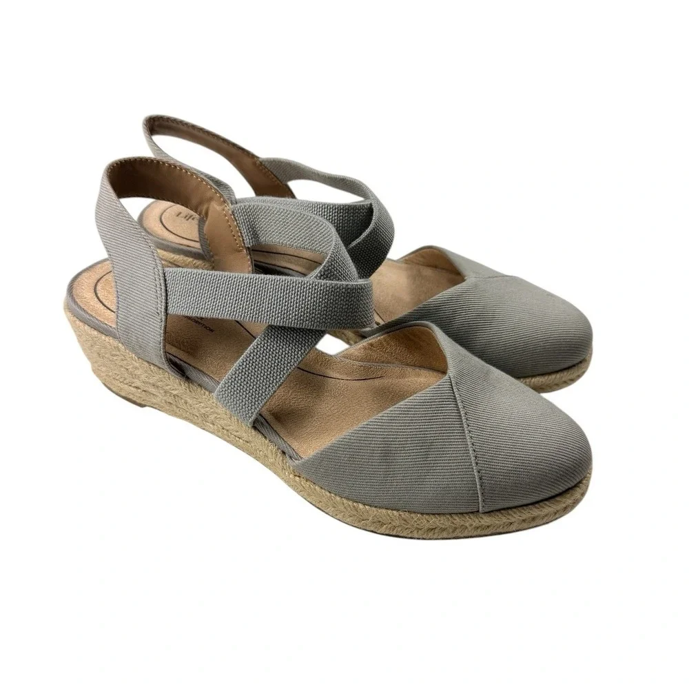 LifeStride Kimmy Grey Fabric Espadrille Wedge Sandals Womens 7W Round Toe Casual